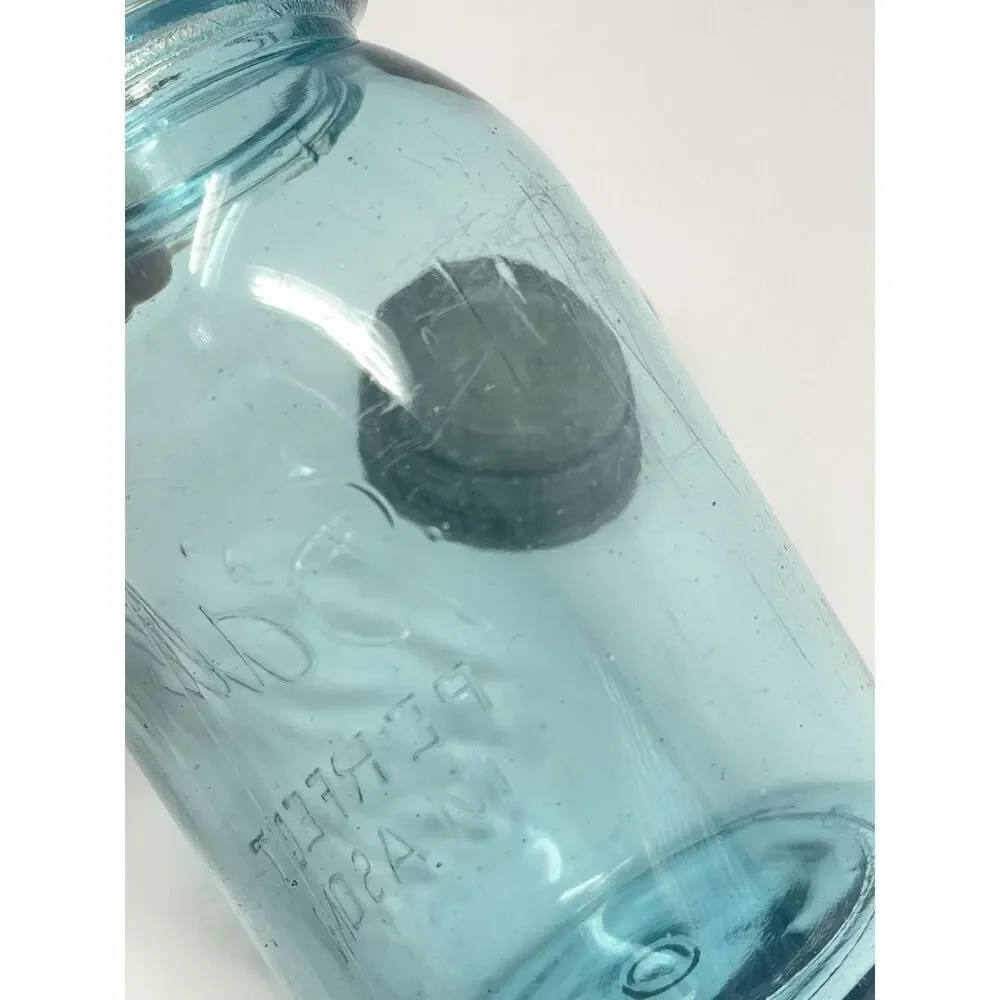 Vintage Blue Aqua Ball Perfect Mason Jar #0 Quart Zinc Lid 6.75”